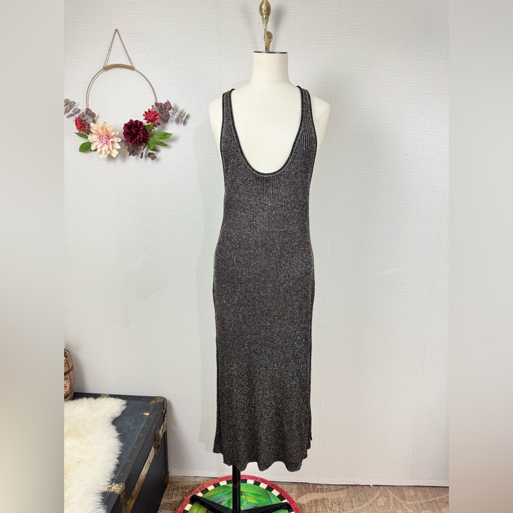 BCBGMaxAzria Women’s Midi Black Metallic Ribbed Dress Fitted size Large